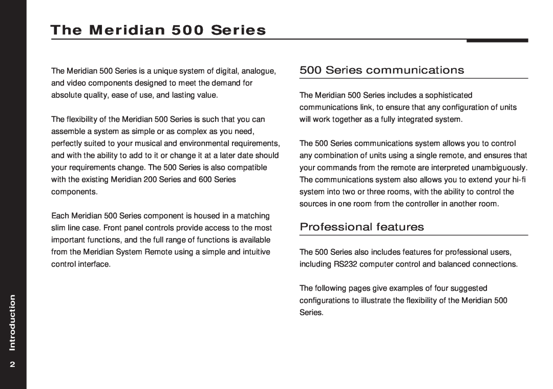 Meridian America 508 manual The Meridian 500 Series, Series communications, Professional features, Introduction 