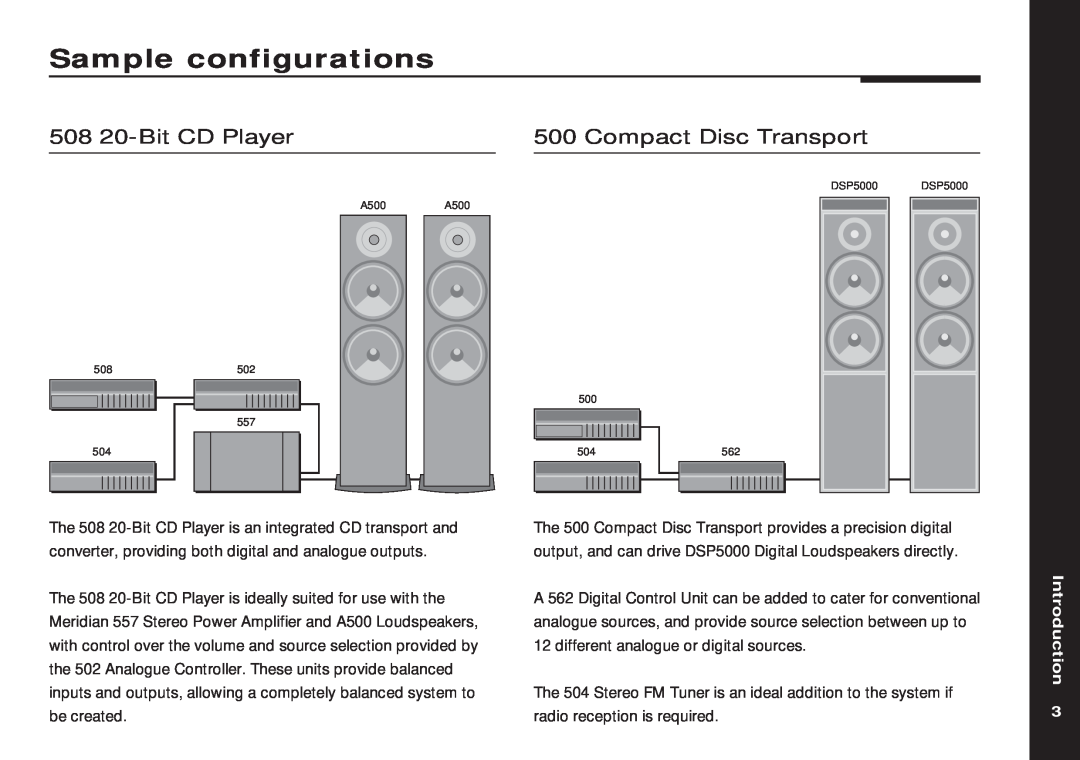 Meridian America manual Sample configurations, 508 20-BitCD Player, Compact Disc Transport, Introduction 