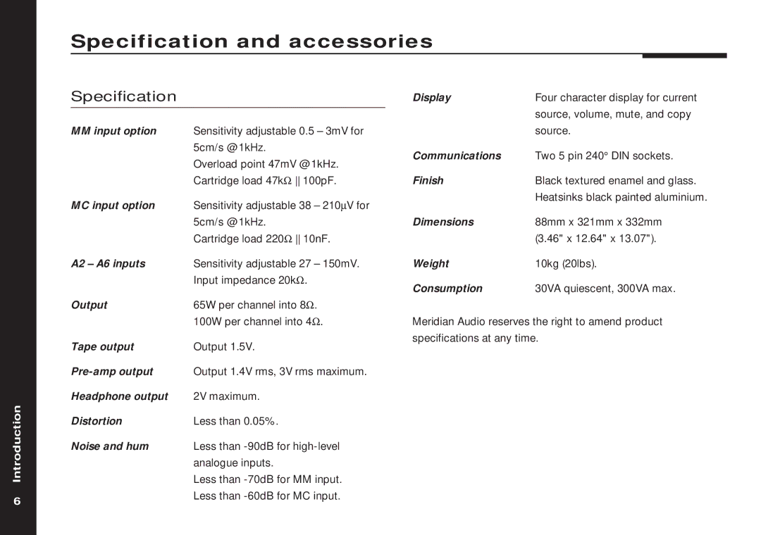 Meridian America 551 manual Specification and accessories 