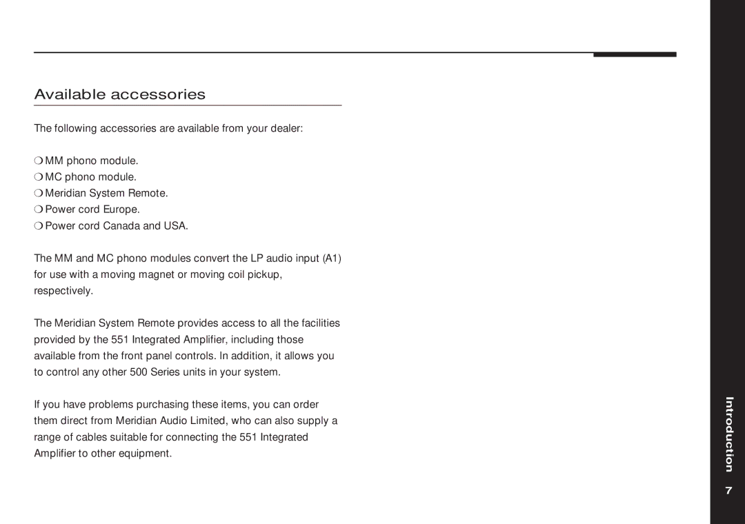 Meridian America 551 manual Available accessories 