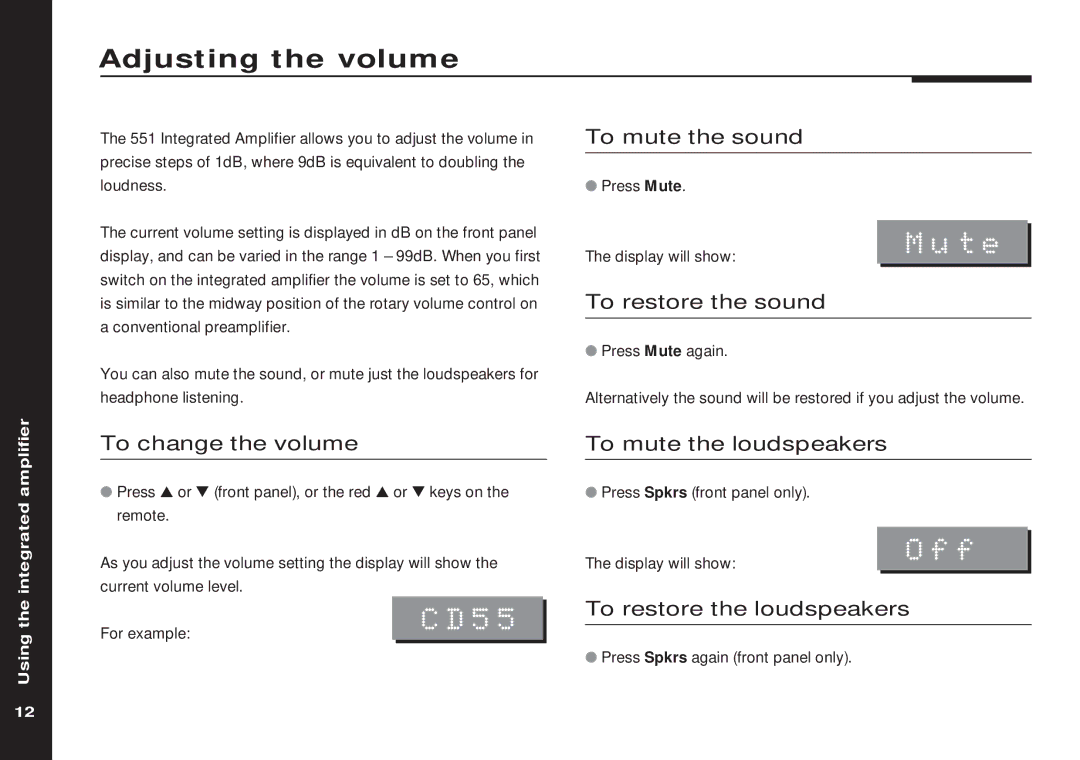 Meridian America 551 manual Adjusting the volume, Mute, Off, CD55 