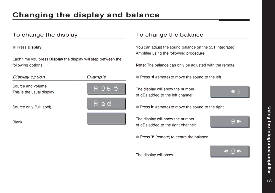 Meridian America 551 manual Changing the display and balance, ²O³, To change the display, To change the balance 