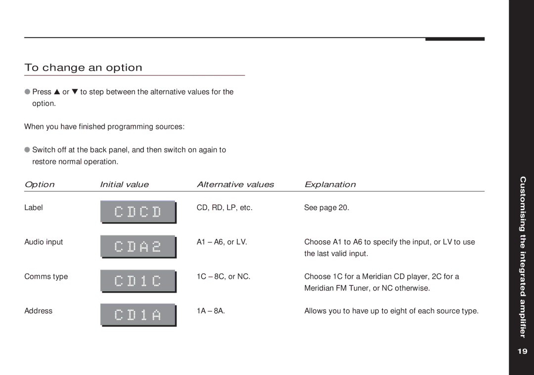 Meridian America 551 manual CD1C, To change an option 