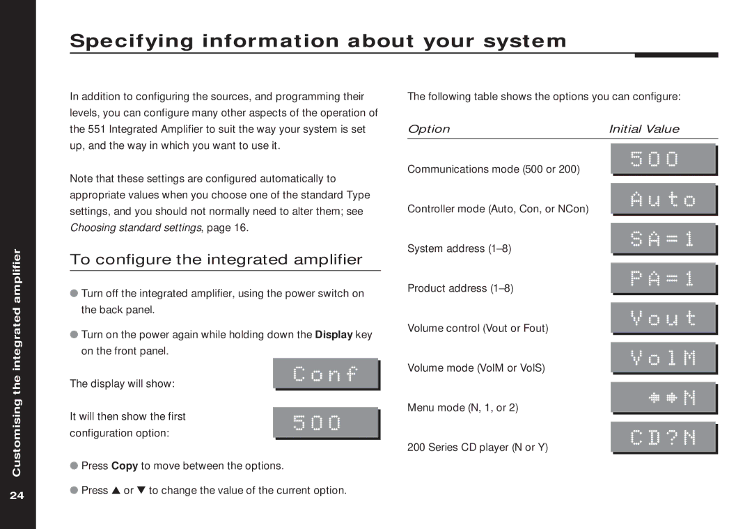 Meridian America 551 manual Specifying information about your system, Auto, SA=1, PA=1, Vout 