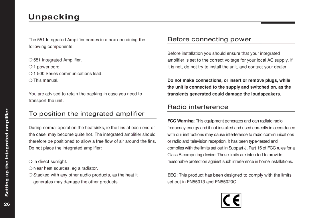 Meridian America 551 manual Unpacking, Before connecting power, To position the integrated amplifier, Radio interference 