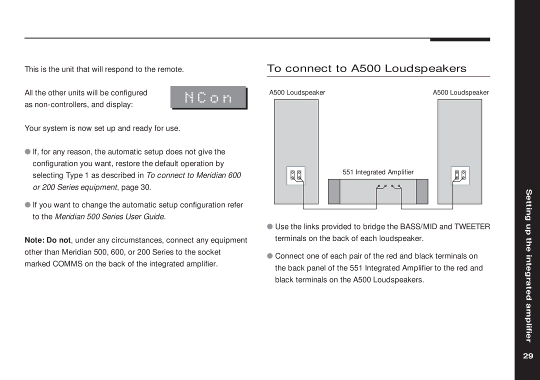 Meridian America 551 manual NCon, To connect to A500 Loudspeakers 