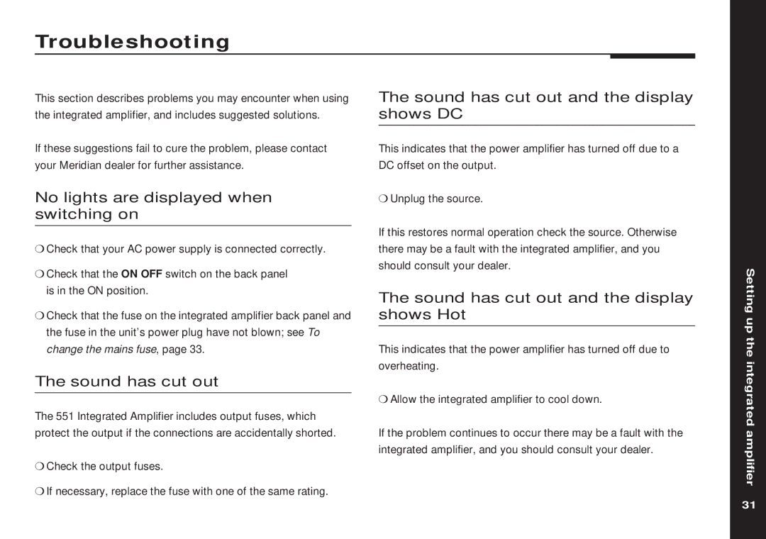 Meridian America 551 manual Troubleshooting, No lights are displayed when switching on, Sound has cut out 