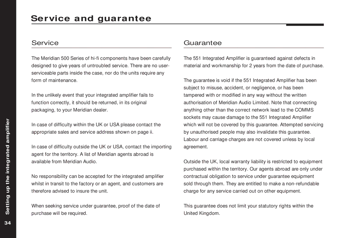 Meridian America 551 manual Service and guarantee, Guarantee 