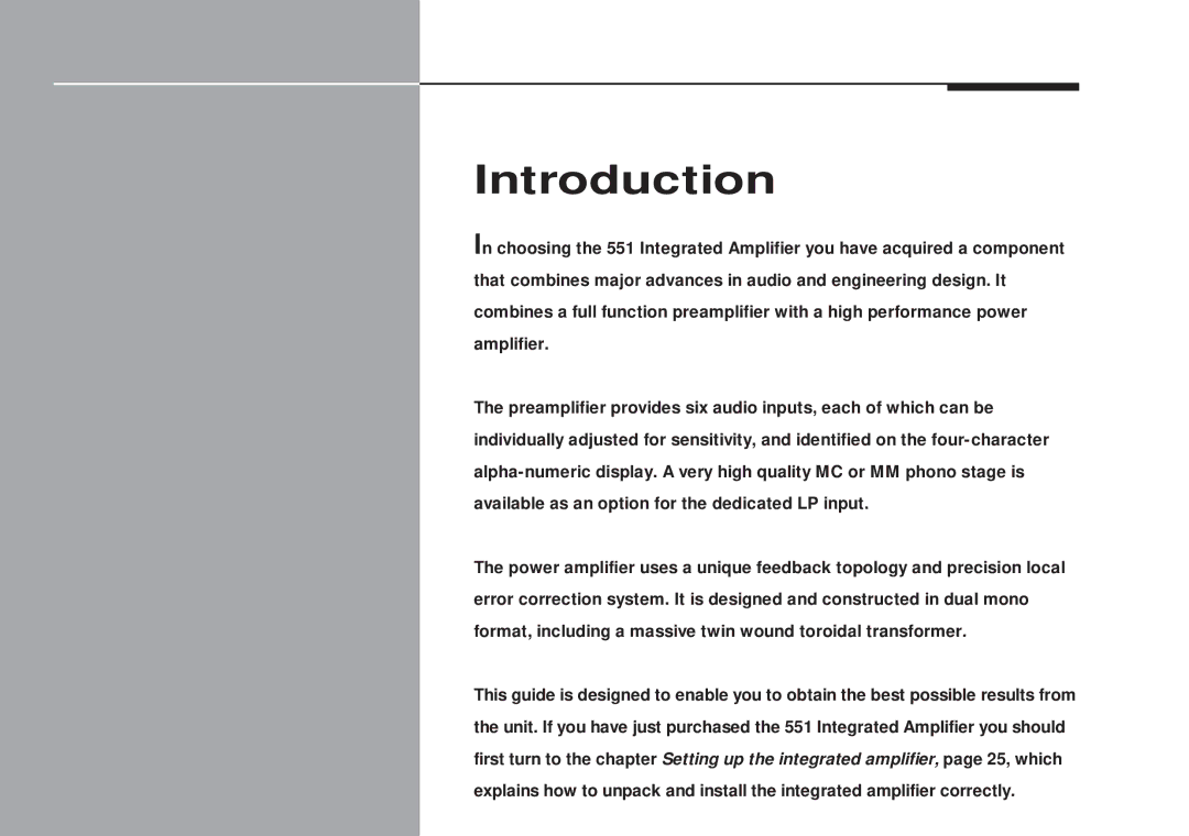 Meridian America 551 manual Introduction 