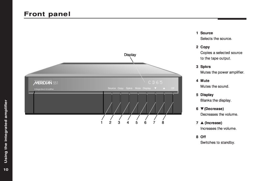 Meridian America 551 manual Front panel, Using the integrated amplifier, CD65 