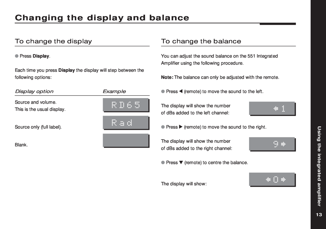 Meridian America 551 manual Changing the display and balance, RD65, To change the display, To change the balance, amplifier 