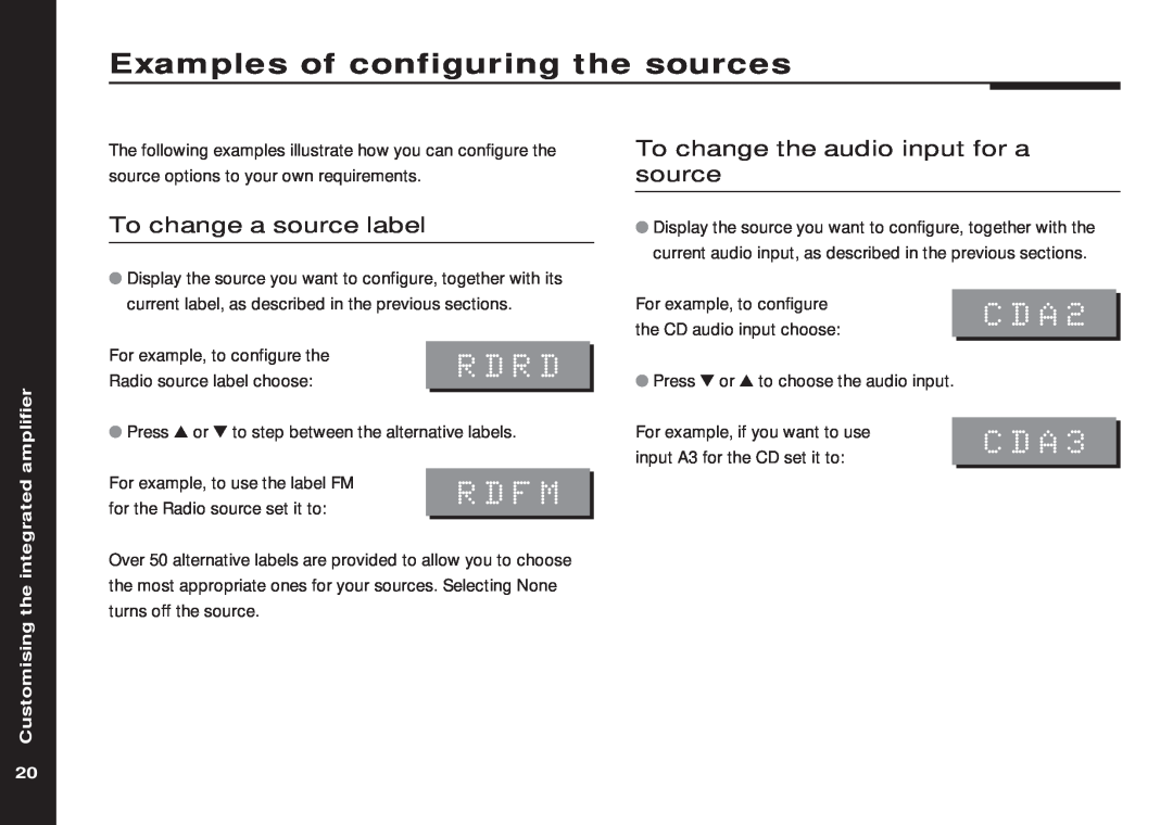 Meridian America 551 manual Examples of configuring the sources, Rdrd, Rdfm, CDA2, CDA3, To change a source label 