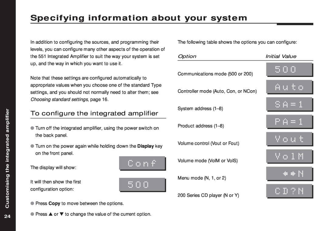 Meridian America 551 Specifying information about your system, Auto, SA=1, PA=1, Vout, Cd?N, the integrated amplifier 
