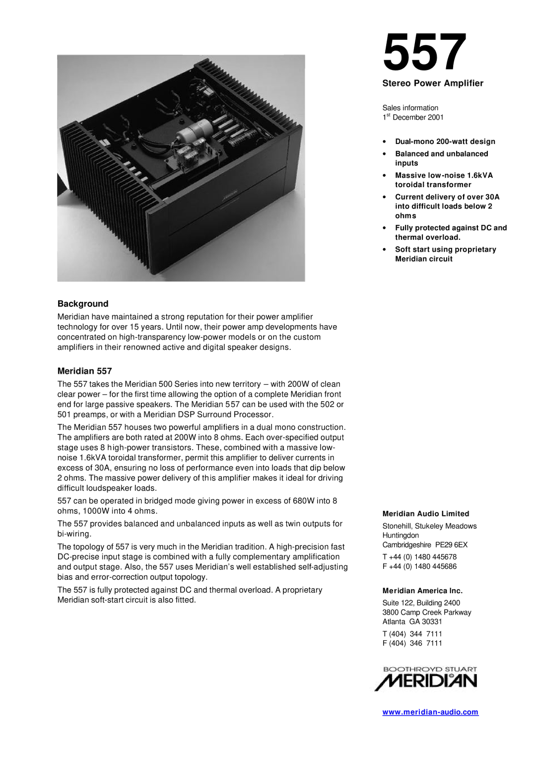 Meridian America 557 manual Background, Meridian, Stereo Power Amplifier 