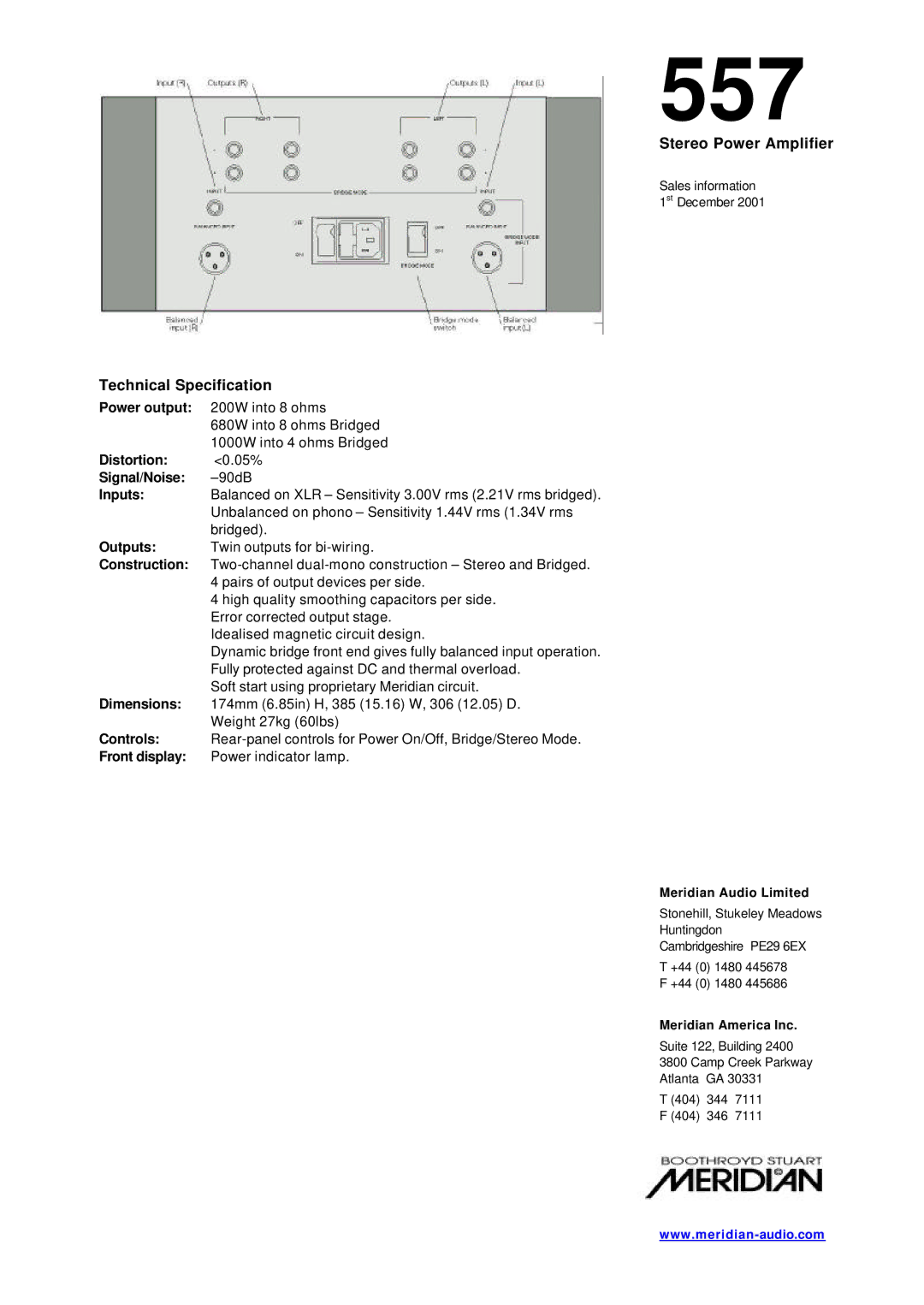 Meridian America 557 manual Technical Specification 