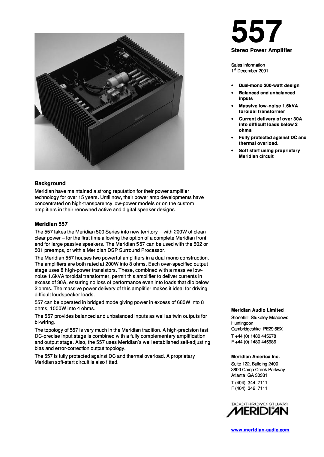 Meridian America 557 manual Background, Stereo Power Amplifier, ∙Dual-mono 200-wattdesign, Meridian America Inc 