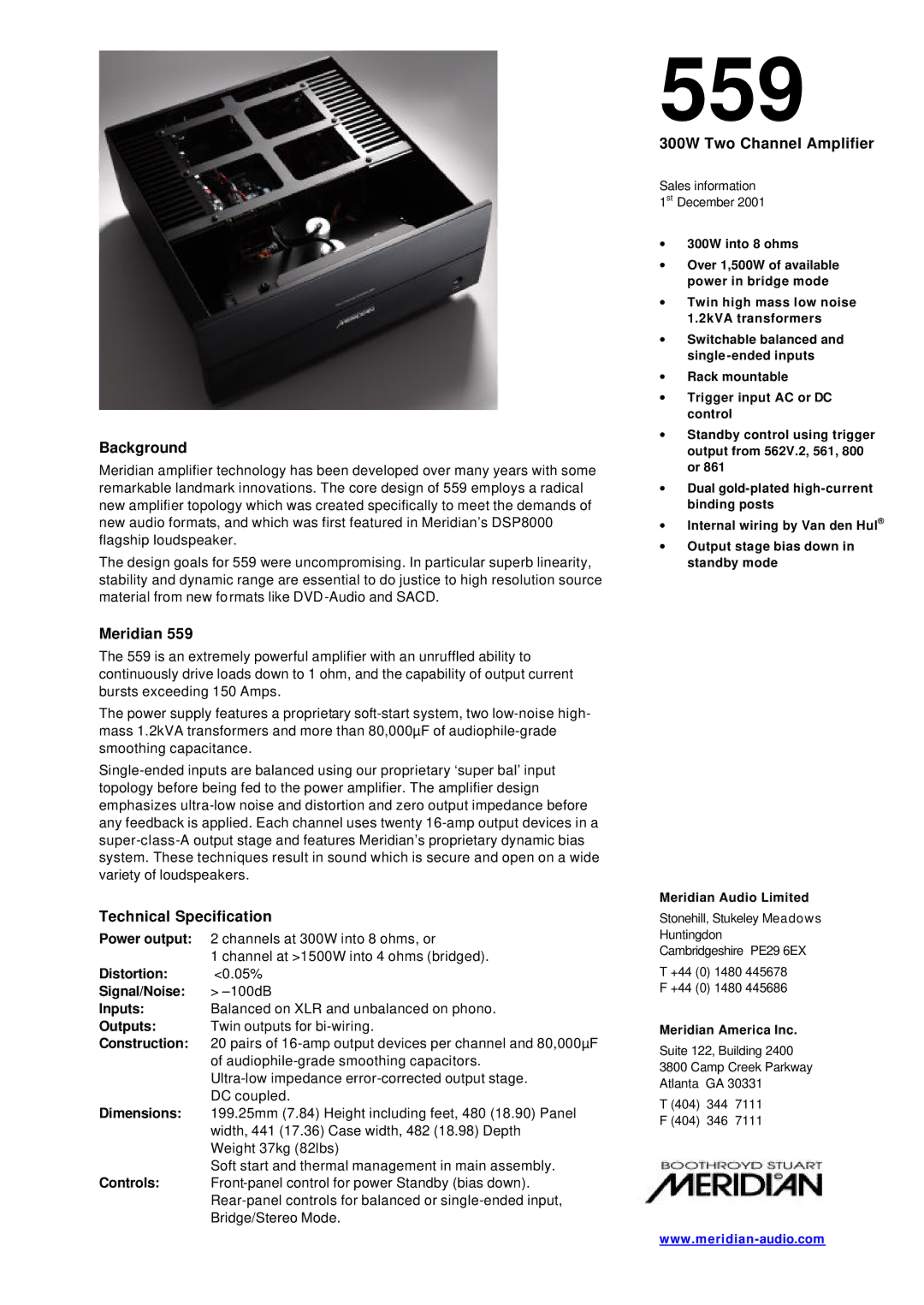 Meridian America 559 dimensions Background, Meridian, Technical Specification, 300W Two Channel Amplifier 