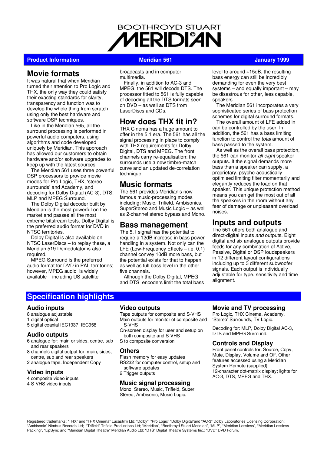 Meridian America 561 manual Movie formats, How does THX fit in?, Music formats, Bass management, Inputs and outputs 