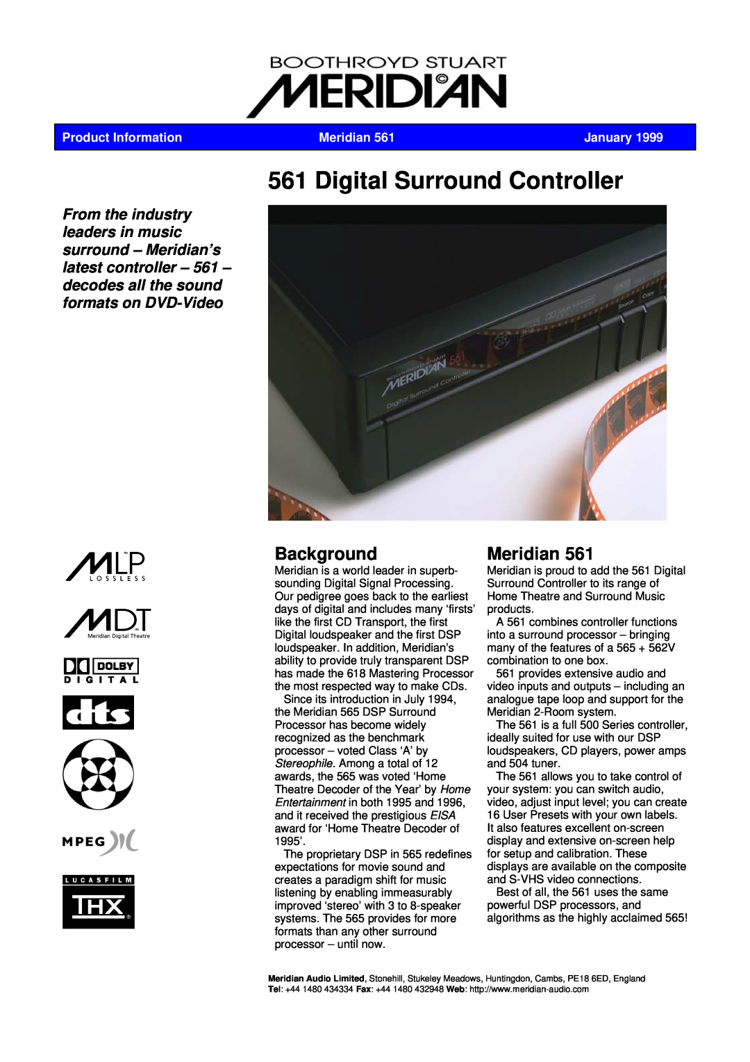 Meridian America 561 manual Background, Meridian, Product Information, January, Digital Surround Controller 