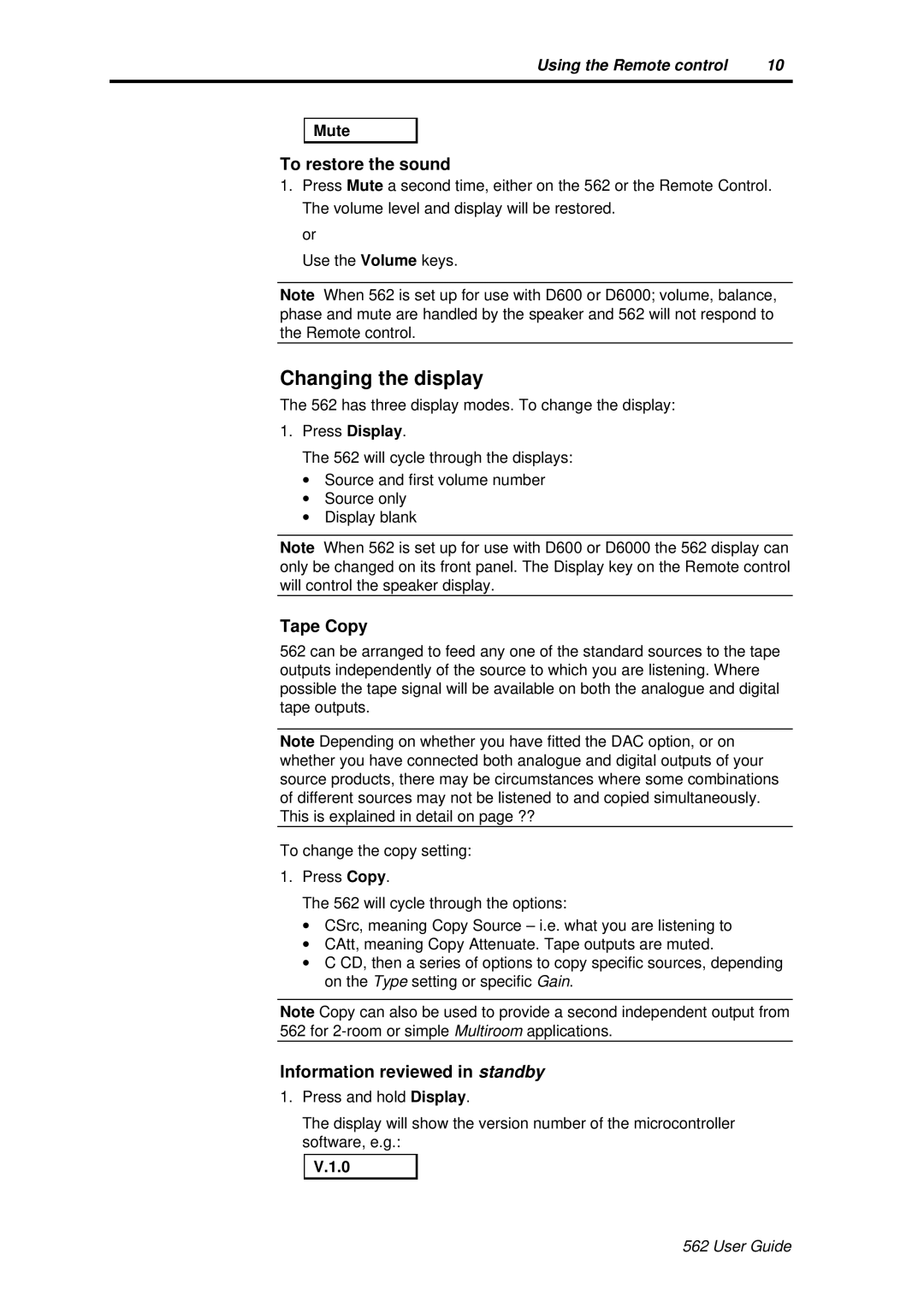 Meridian America 562 Changing the display, To restore the sound, Tape Copy, Information reviewed in standby, Mute 