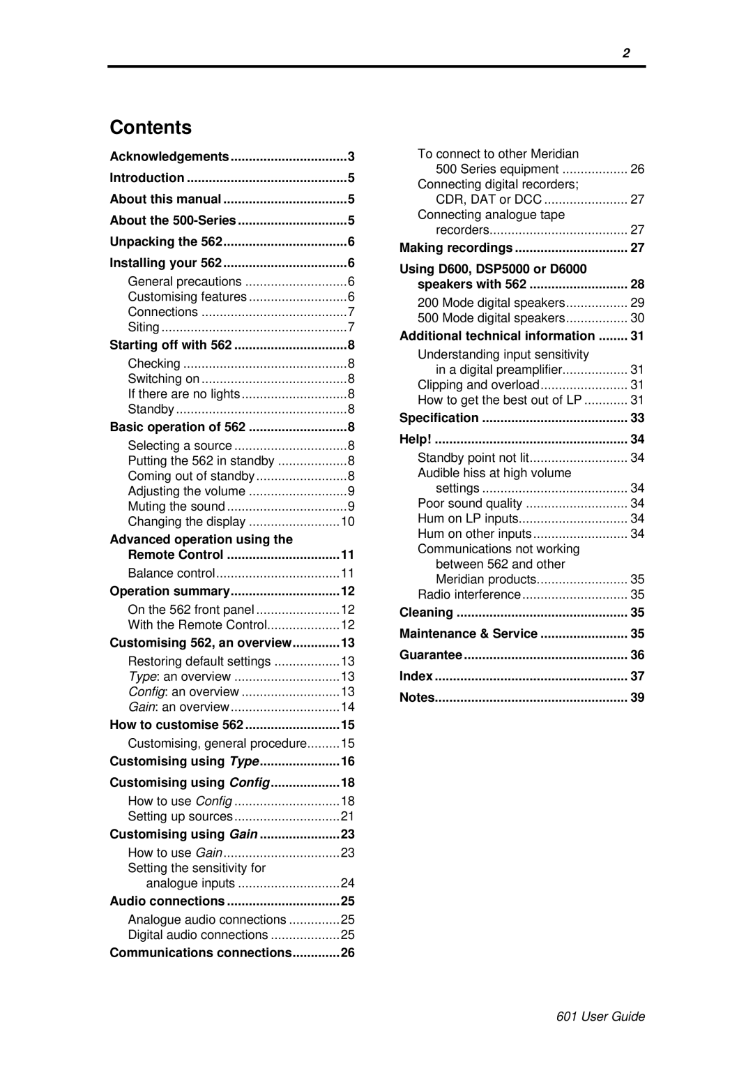 Meridian America 562 user manual Contents 