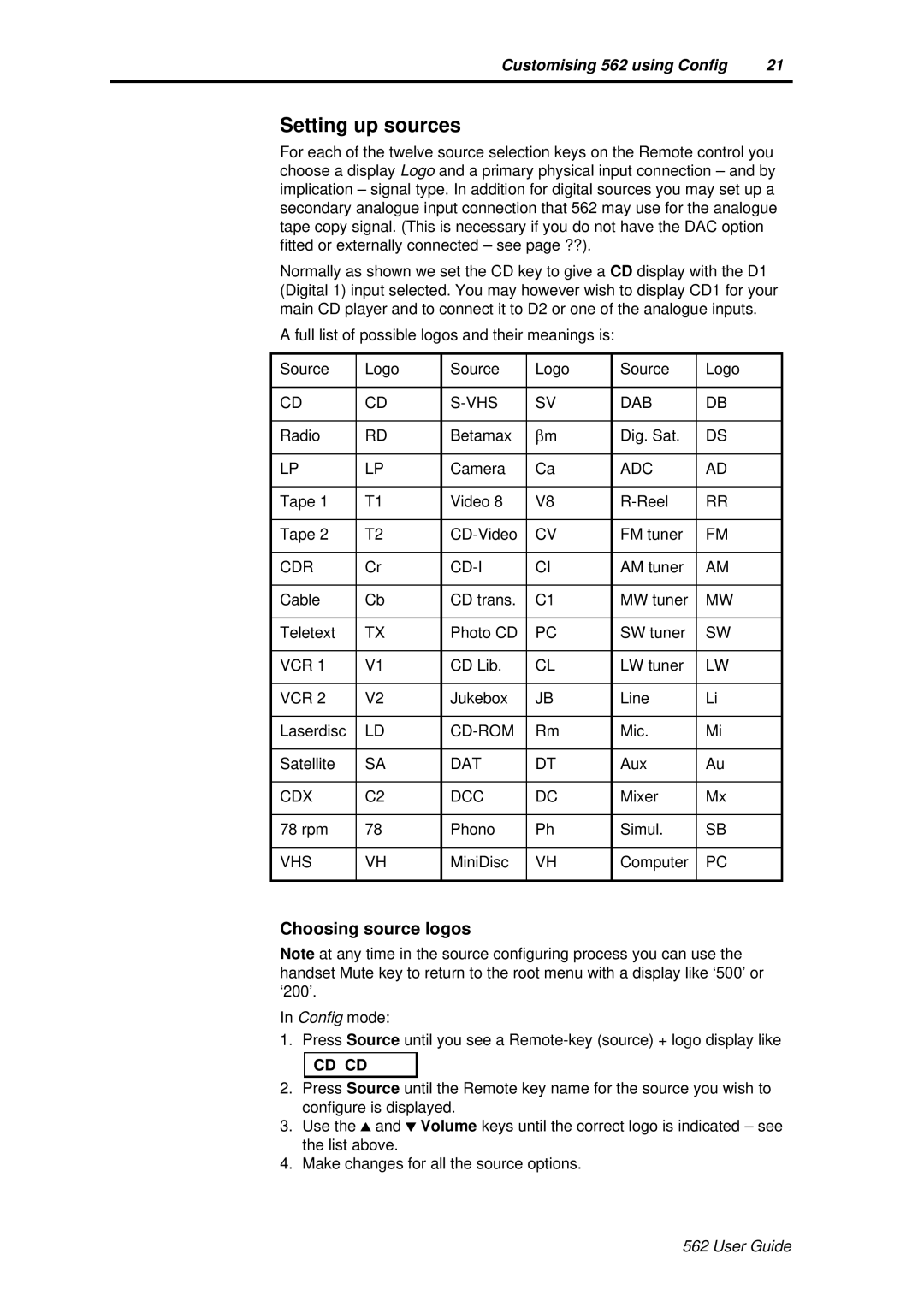 Meridian America 562 user manual Setting up sources, Choosing source logos 