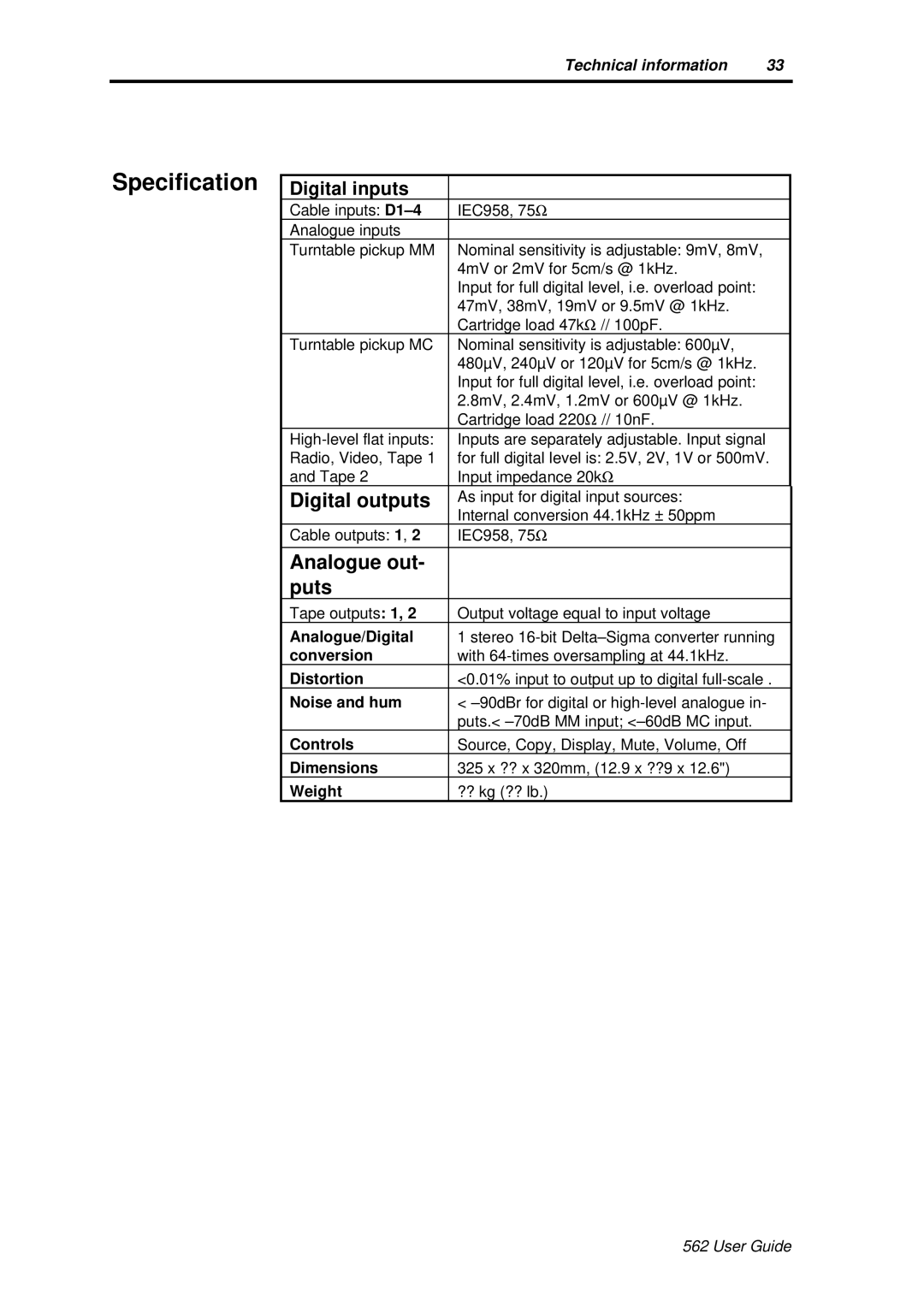 Meridian America 562 user manual Specification, Digital outputs, Analogue out Puts 