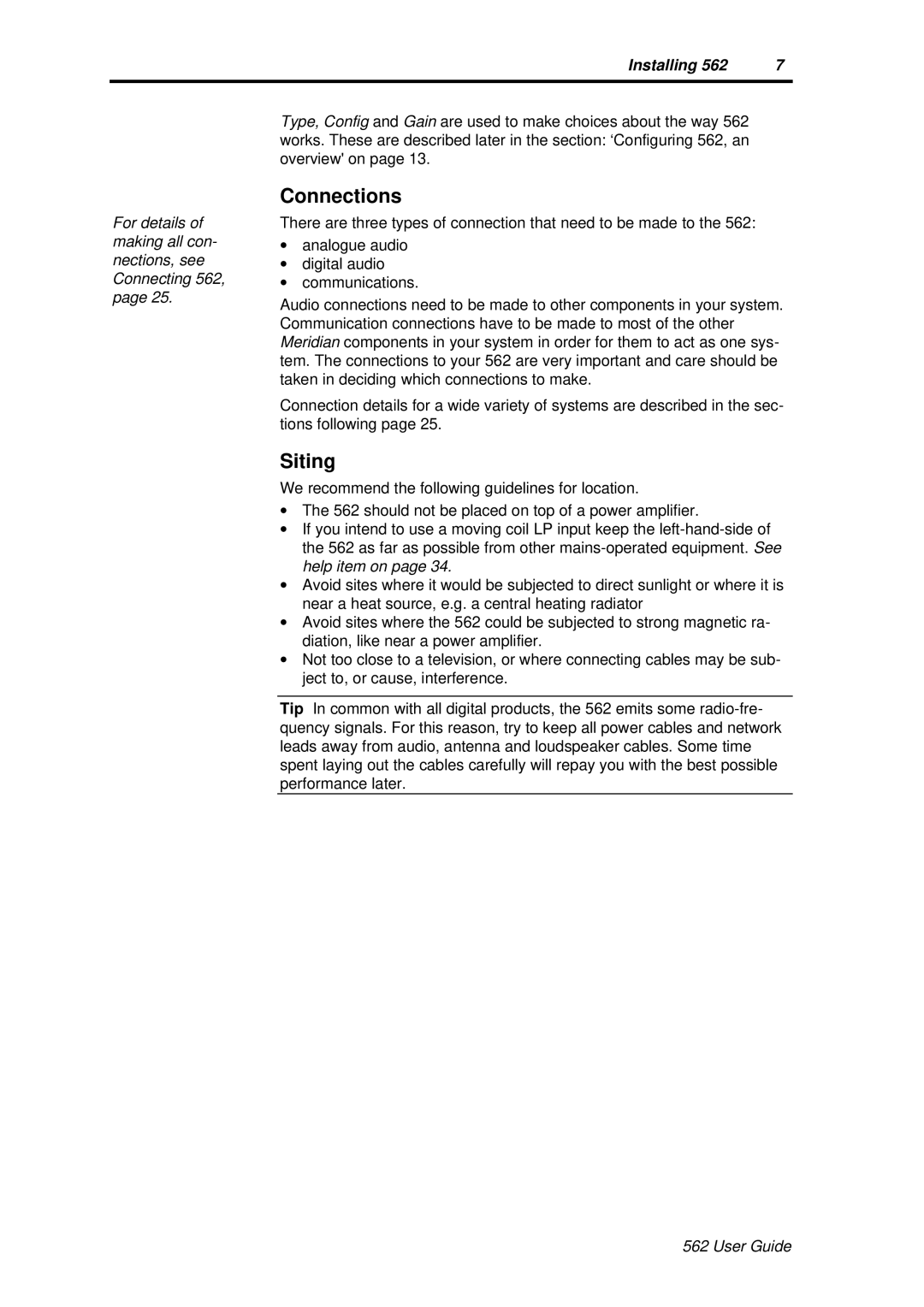 Meridian America 562 user manual Connections, Siting 