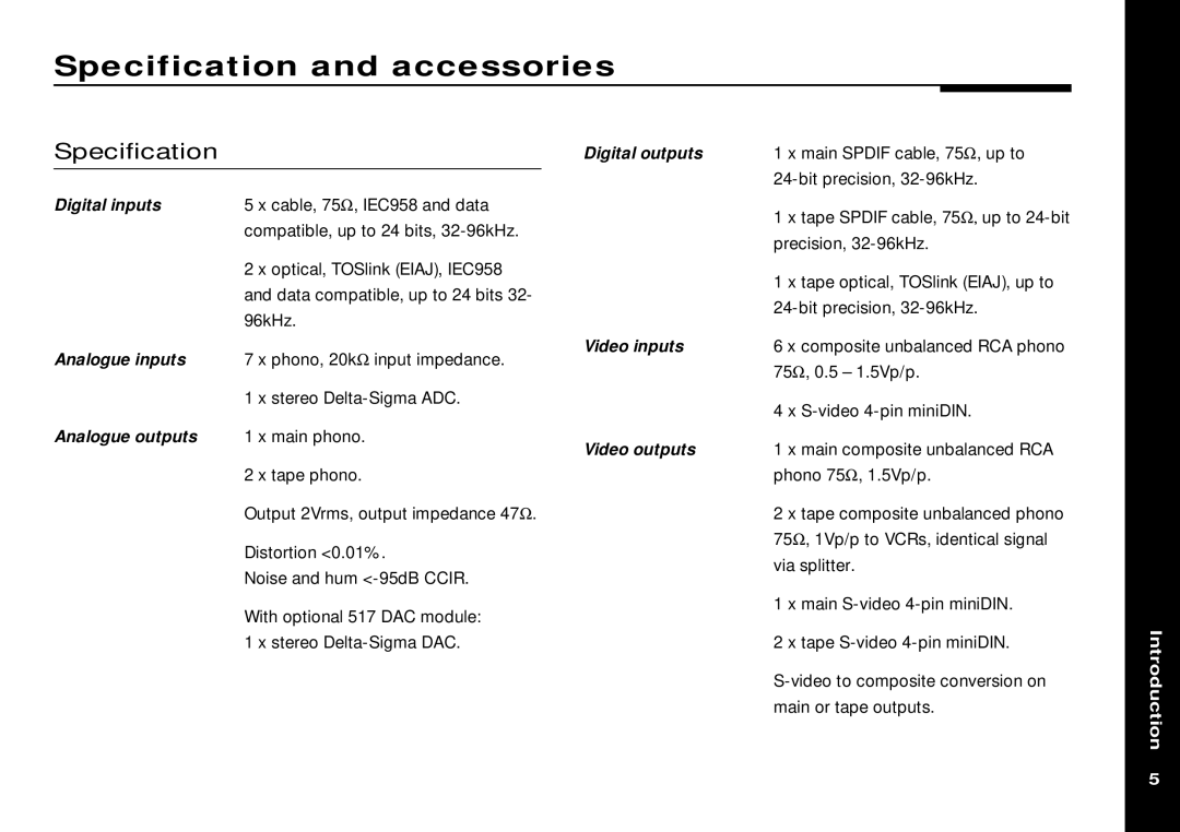 Meridian America 562V.2 manual Specification and accessories 