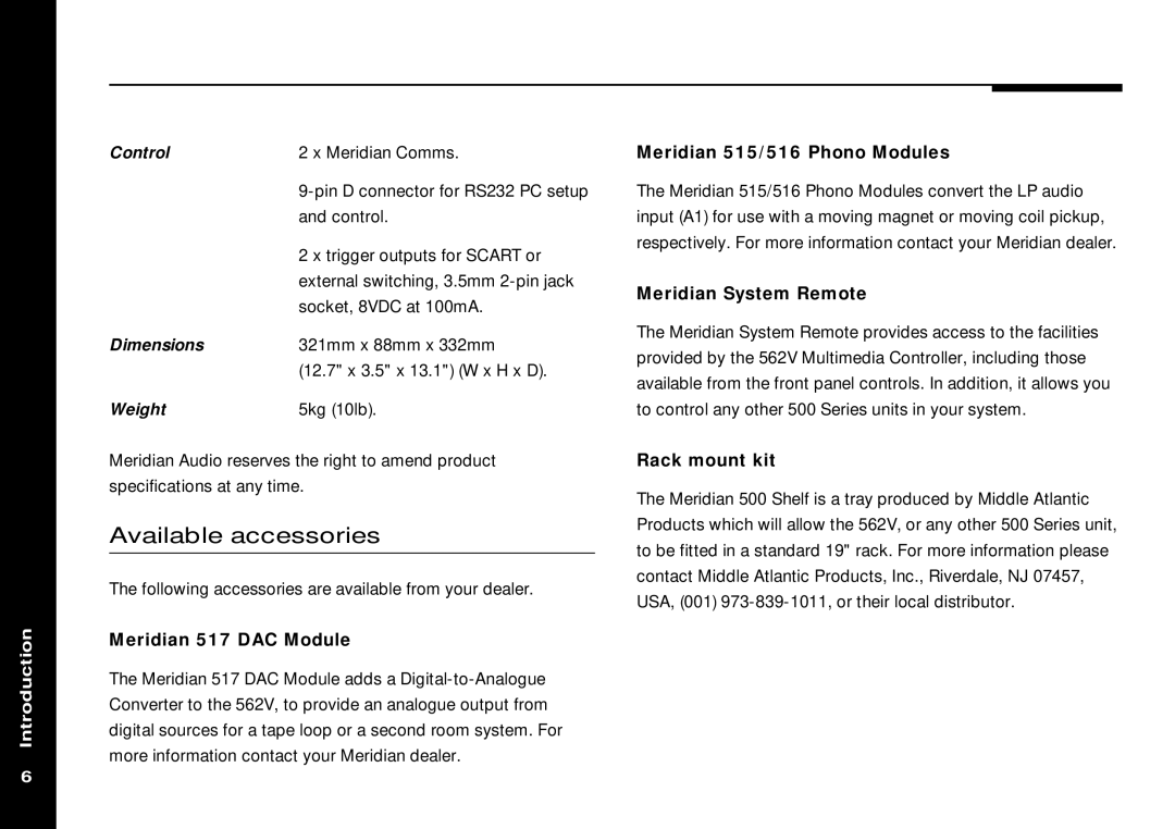 Meridian America 562V.2 manual Available accessories, Control 