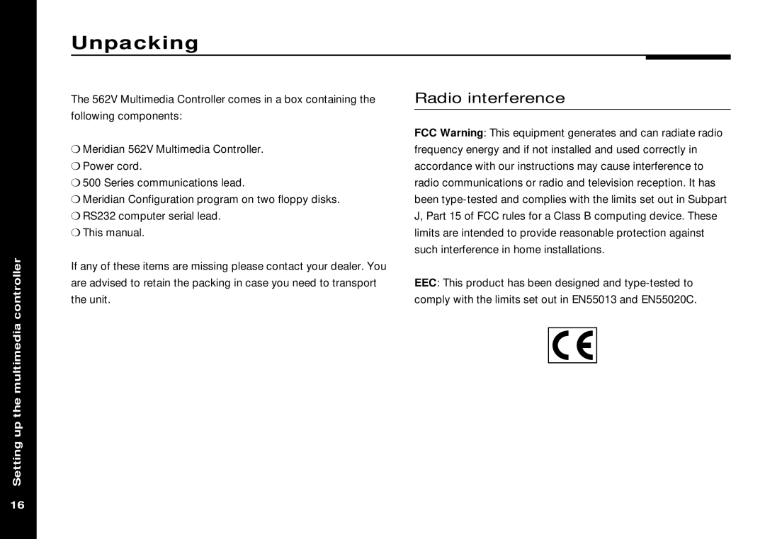 Meridian America 562V.2 manual Unpacking, Radio interference 