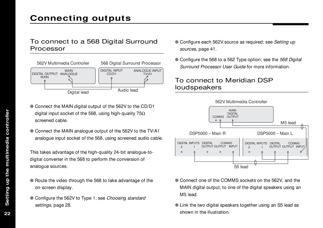 Meridian America 562V.2 manual Connecting outputs, To connect to a 568 Digital Surround Processor 