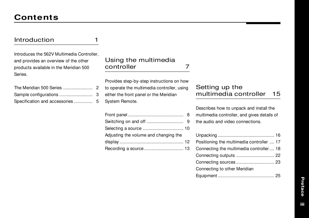 Meridian America 562V.2 manual Contents 