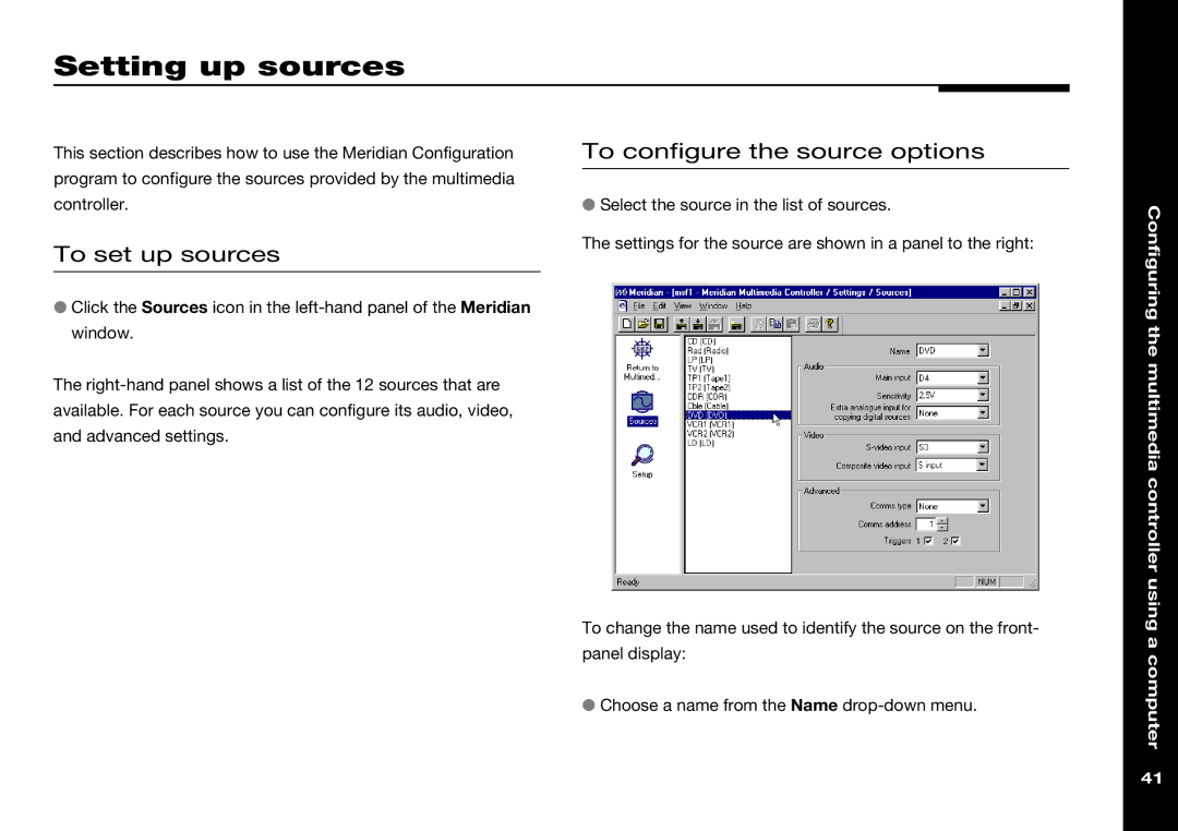 Meridian America 562V.2 manual Setting up sources, To set up sources, To configure the source options 