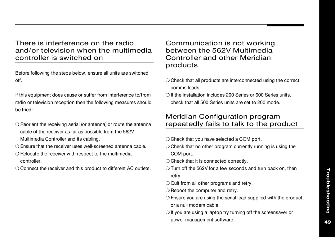 Meridian America 562V.2 manual Troubleshooting 
