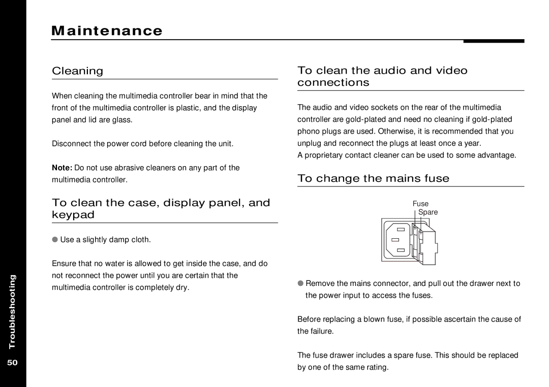 Meridian America 562V.2 Maintenance, Cleaning, To clean the case, display panel, and keypad, To change the mains fuse 