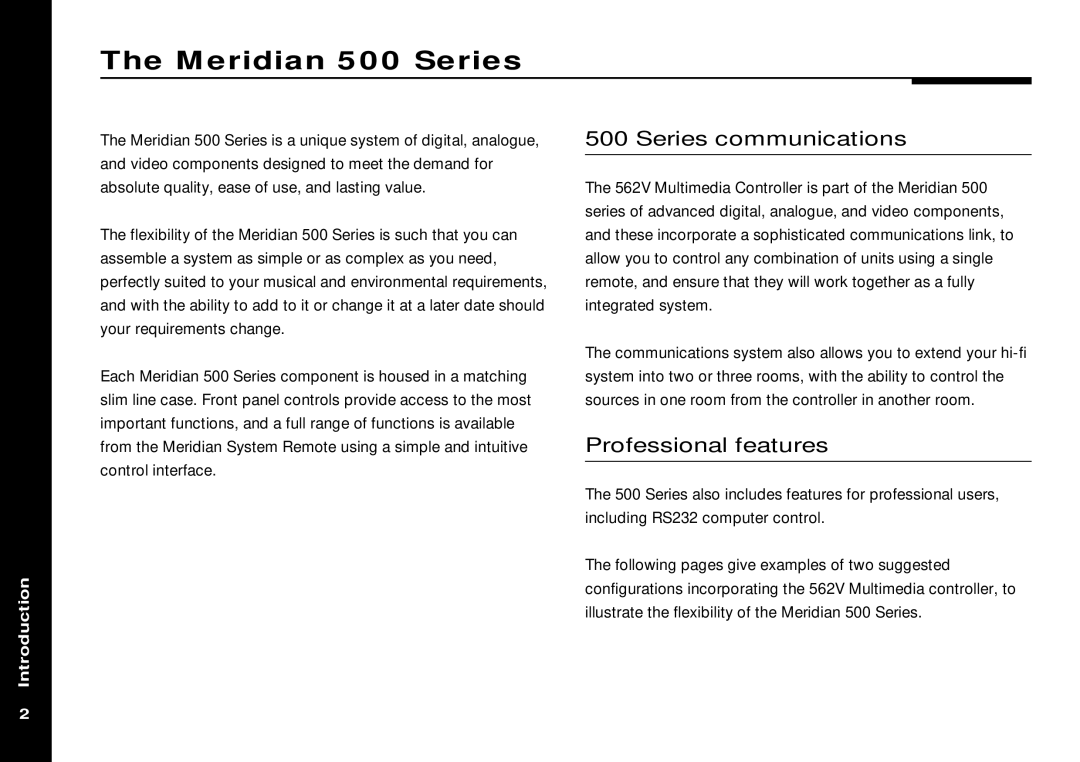 Meridian America 562V.2 manual Meridian 500 Series, Series communications, Professional features 