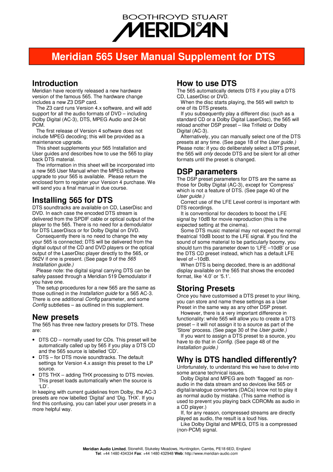 Meridian America user manual Introduction, Installing 565 for DTS, New presets, How to use DTS, DSP parameters 