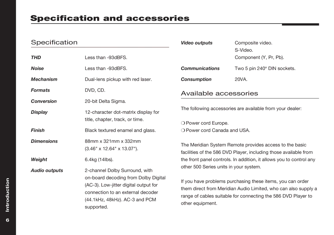 Meridian America 586 manual Specification and accessories, Available accessories 