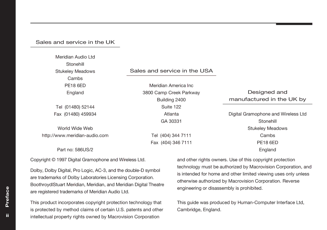 Meridian America 586 manual Preface 