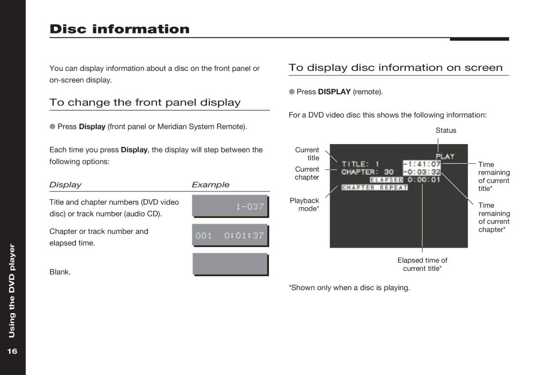 Meridian America 586 manual Disc information, To display disc information on screen, To change the front panel display 