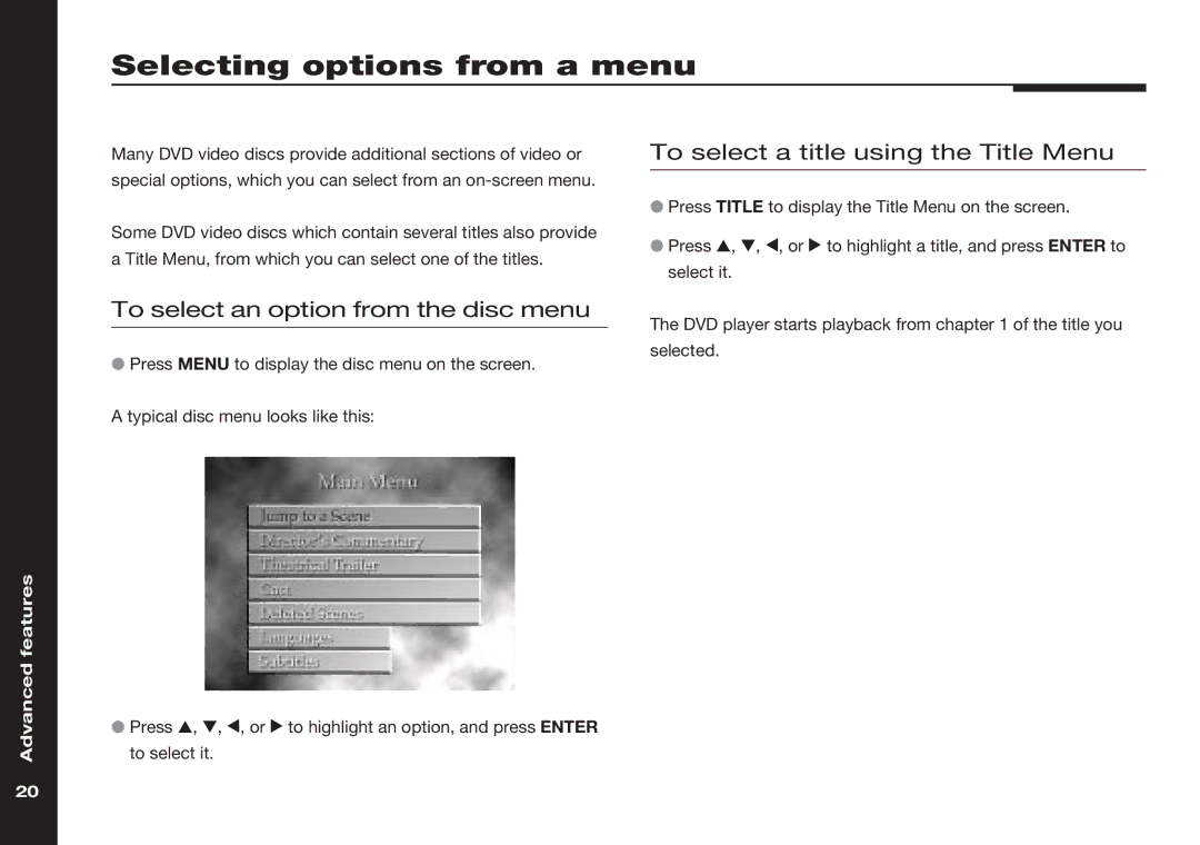 Meridian America 586 manual Selecting options from a menu, To select a title using the Title Menu 