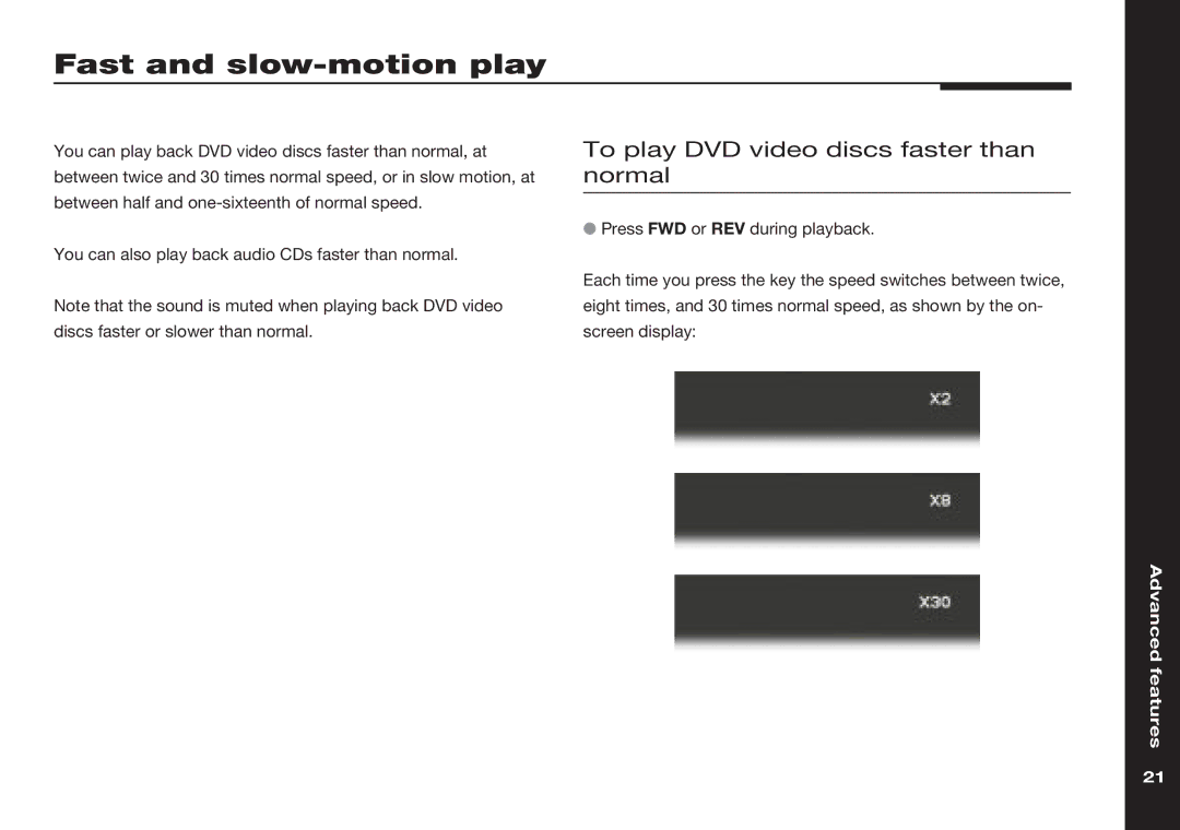 Meridian America 586 manual Fast and slow-motion play, To play DVD video discs faster than normal 