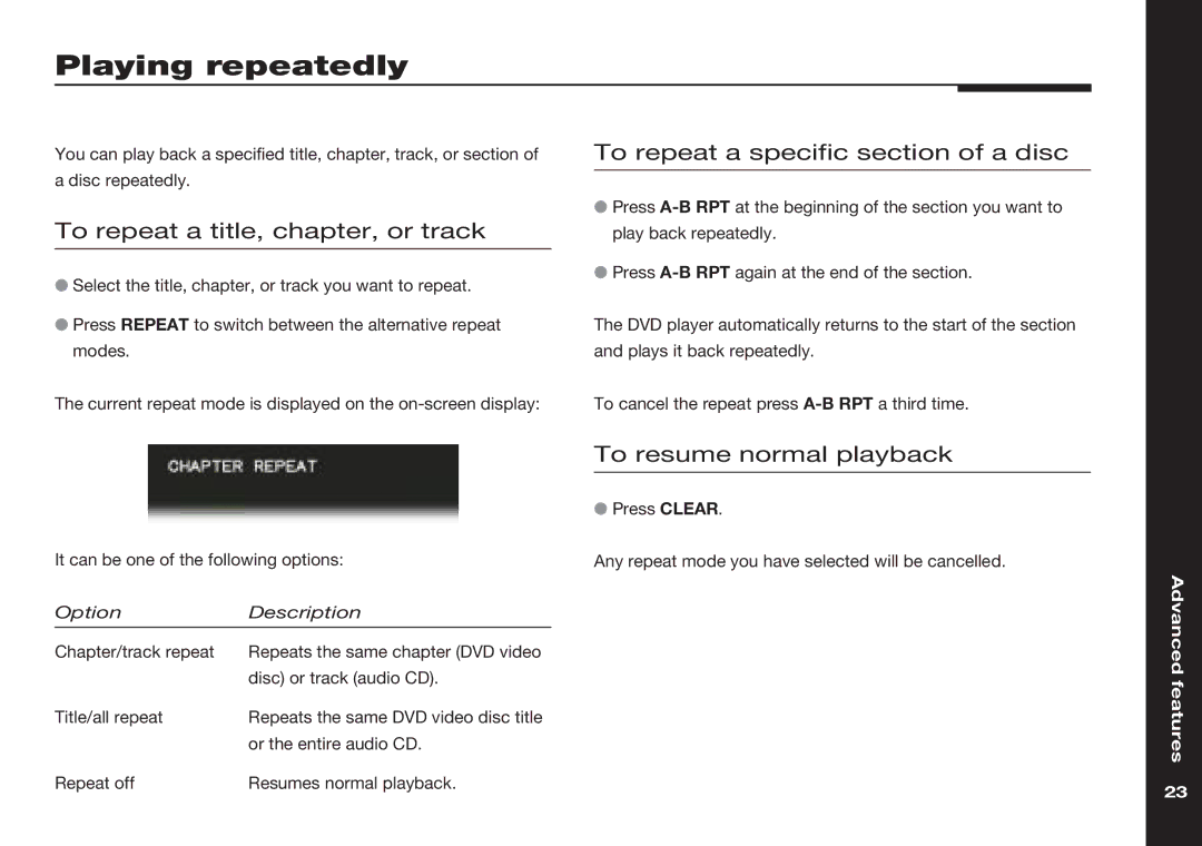 Meridian America 586 Playing repeatedly, To repeat a title, chapter, or track, To repeat a specific section of a disc 