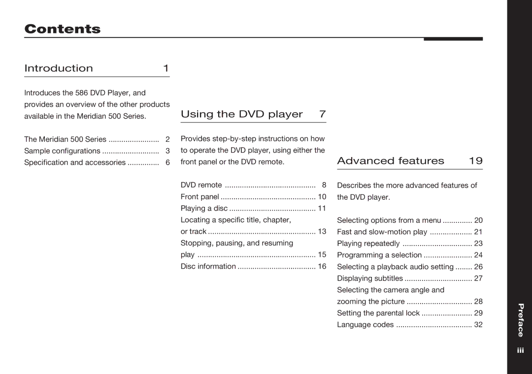 Meridian America 586 manual Contents 