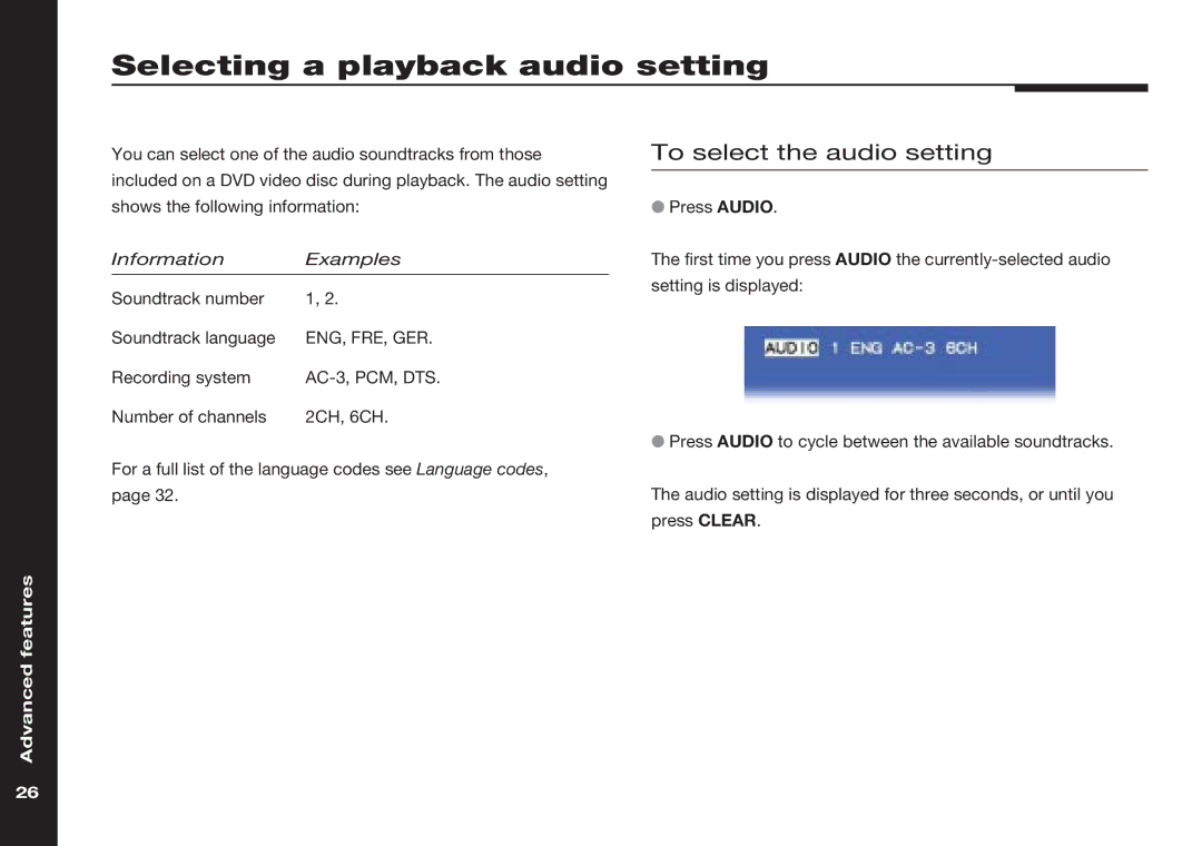 Meridian America 586 manual Selecting a playback audio setting, To select the audio setting 