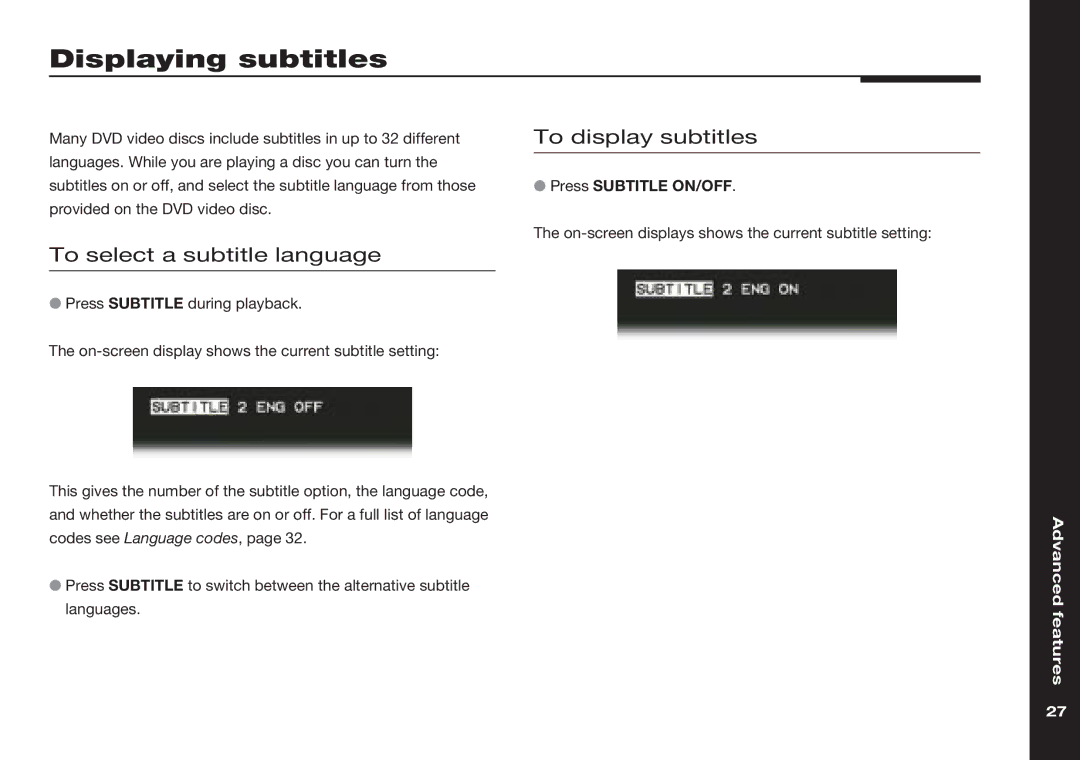 Meridian America 586 manual Displaying subtitles, To display subtitles, To select a subtitle language 