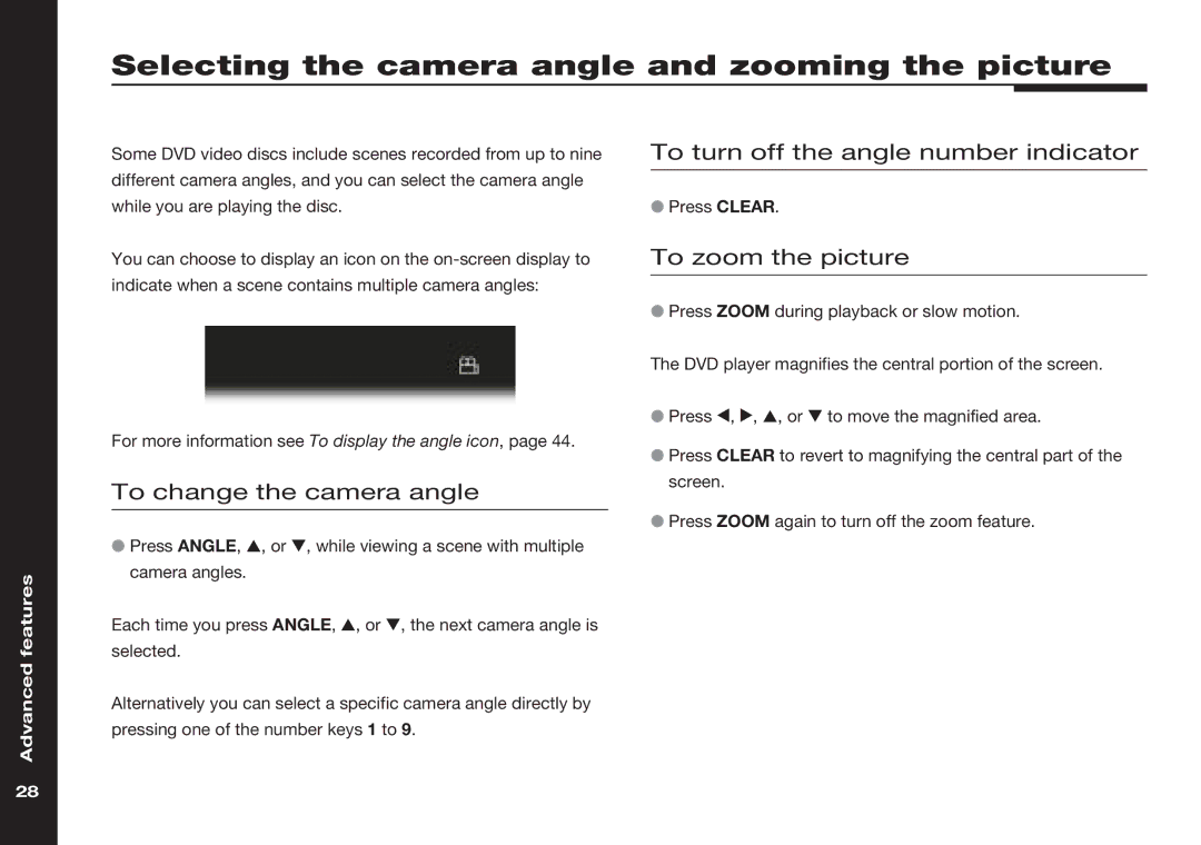 Meridian America 586 Selecting the camera angle and zooming the picture, To change the camera angle, To zoom the picture 