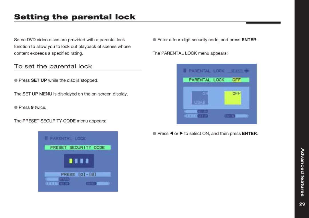 Meridian America 586 manual Setting the parental lock, To set the parental lock 