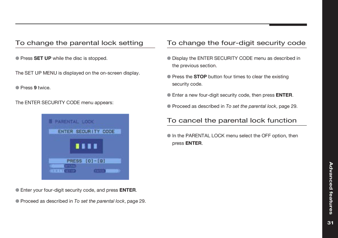 Meridian America 586 manual To change the parental lock setting, To change the four-digit security code 